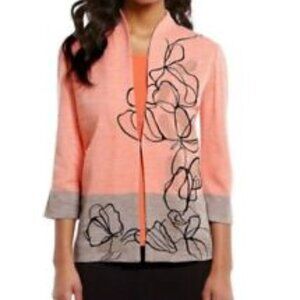 Misook Space Dye Orange & Gray Colorblock w/Floral Embroidery Cardigan S…